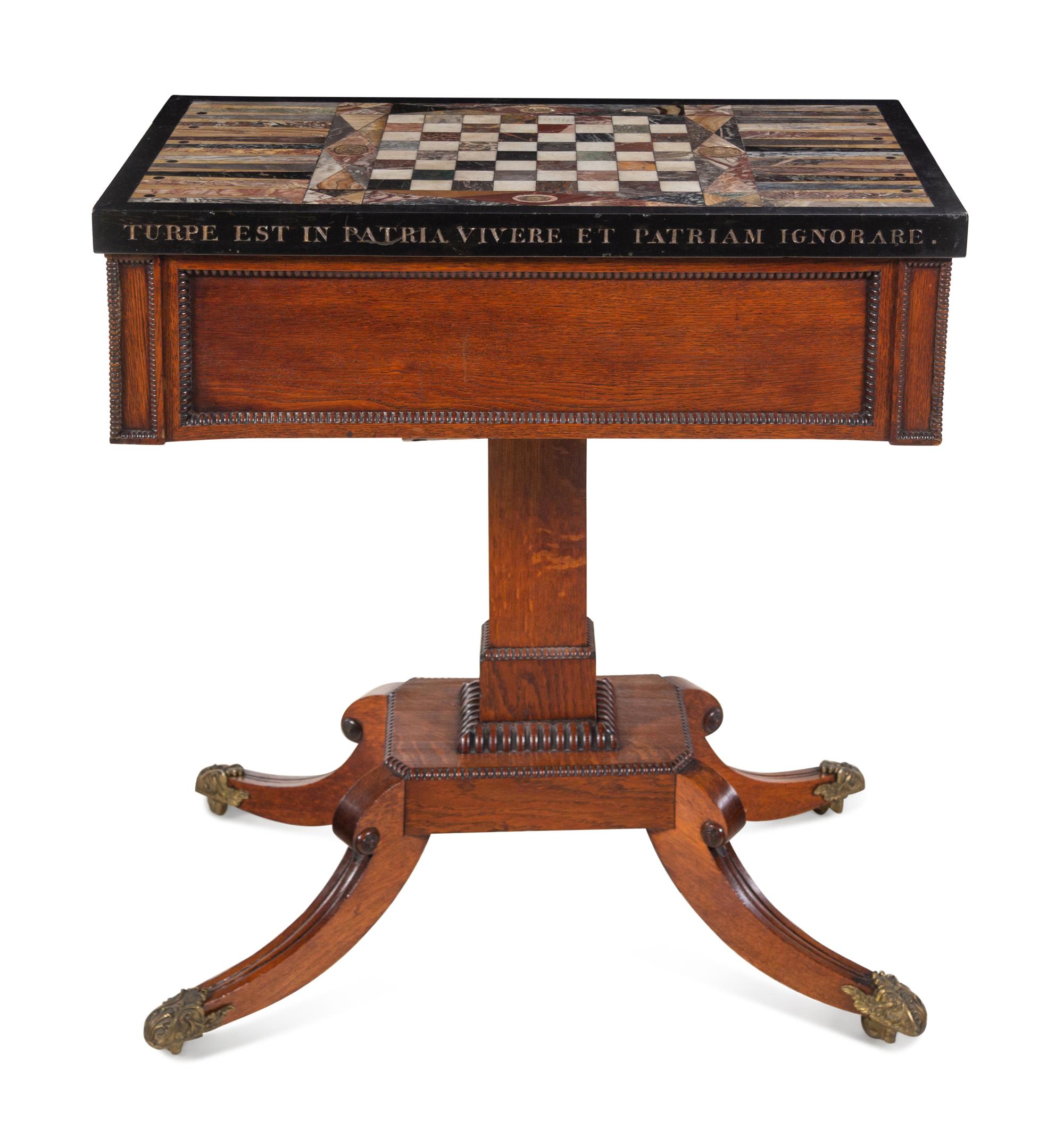 A George IV Specimen Marble-Top Oak Games Table