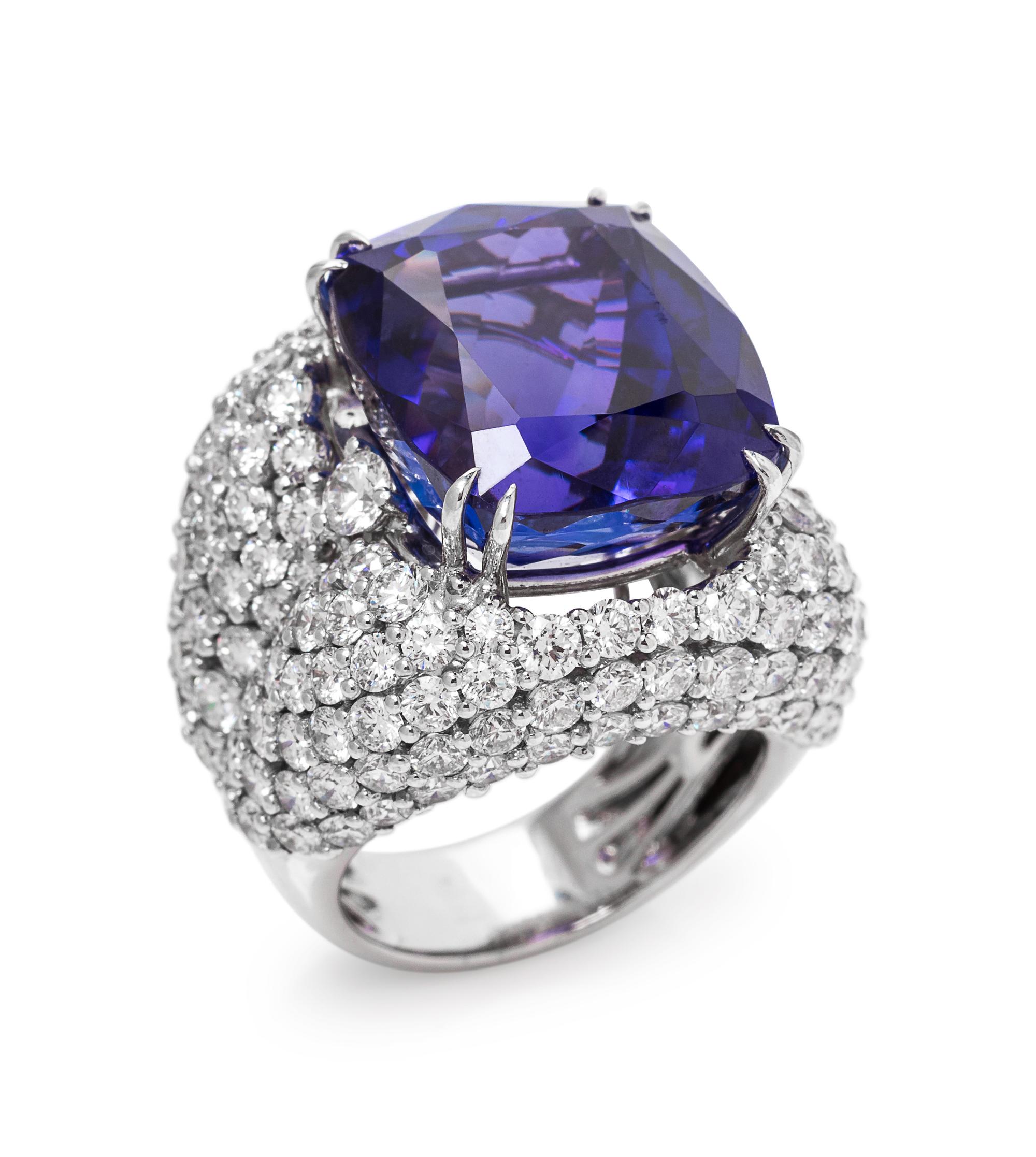 An 18 Karat White Gold, Diamond and Tanzanite Ring,