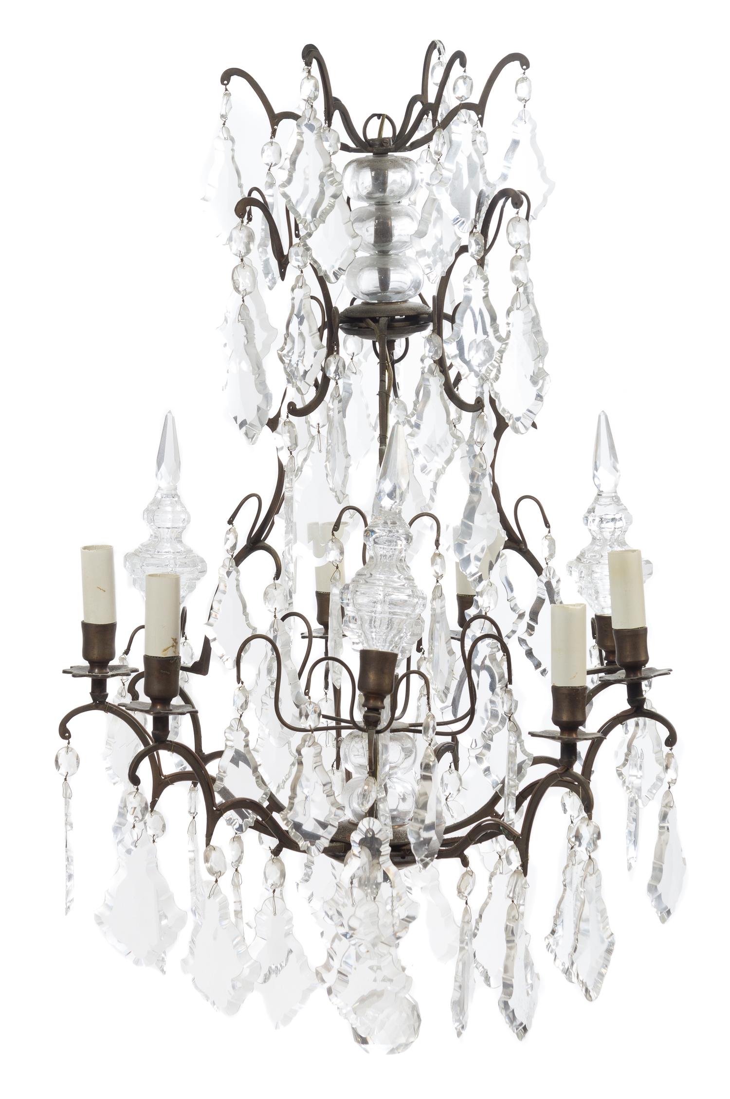 A French Brass and Glass Eight-Light Chandelier Height 41 inches. — 19TH CENTURY