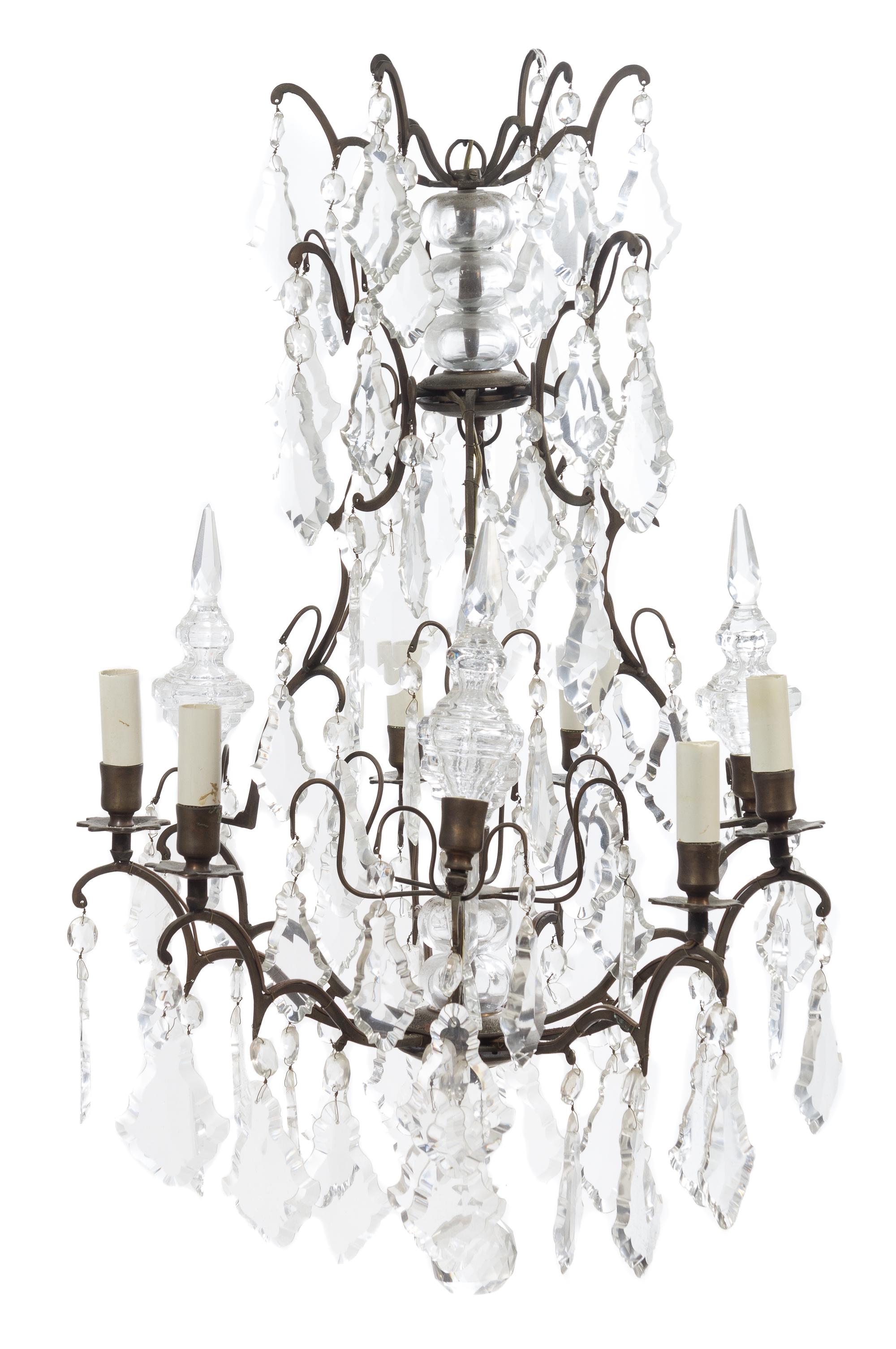 A French Brass and Glass Eight-Light Chandelier Height 41 inches. — 19TH CENTURY