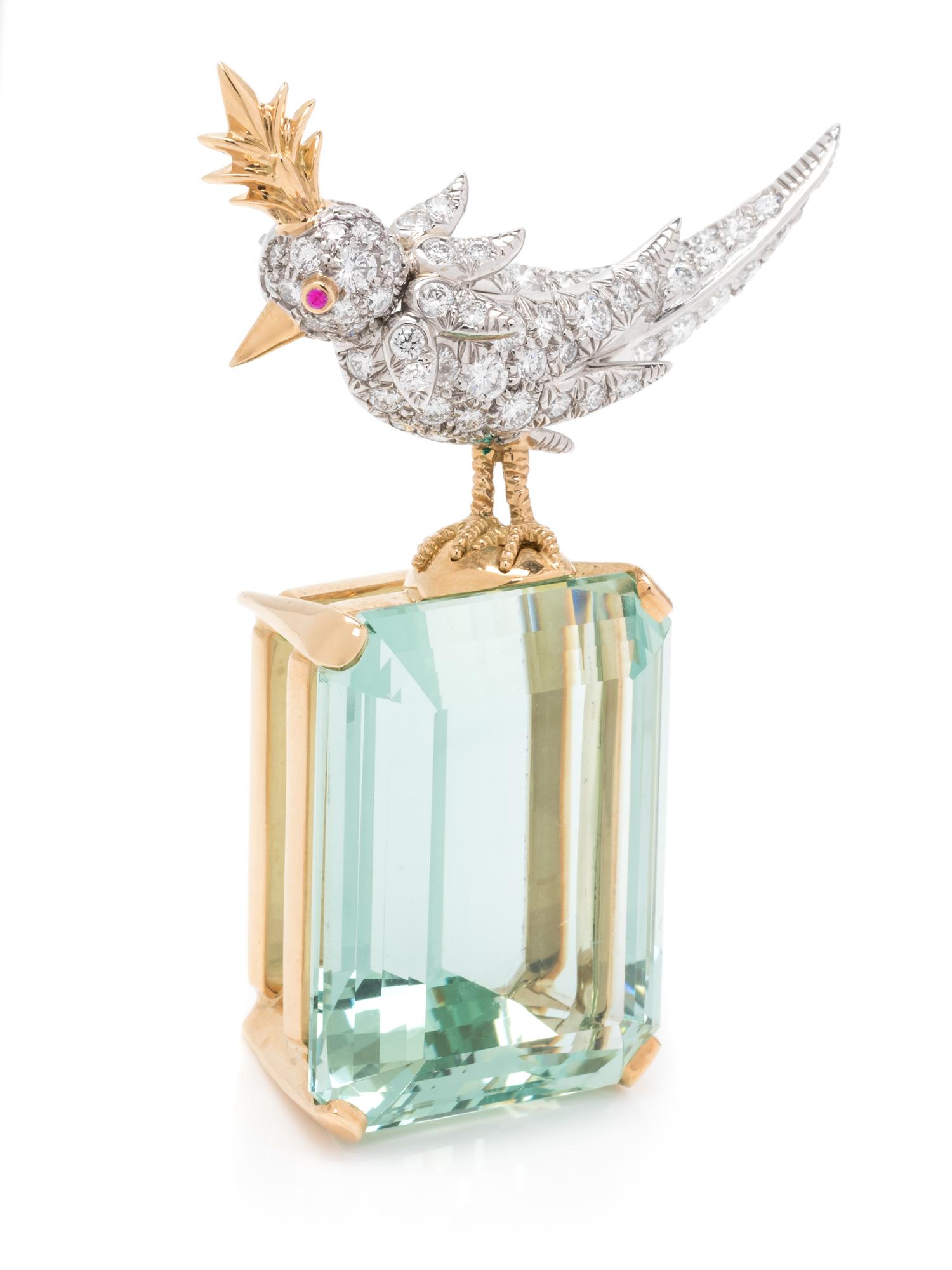 TIFFANY & CO., SCHLUMBERGER, GREEN BERYL AND DIAMOND 'BIRD ON A ROCK' BROOCH