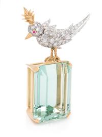 TIFFANY & CO., SCHLUMBERGER, GREEN BERYL AND DIAMOND 'BIRD ON A ROCK' BROOCH