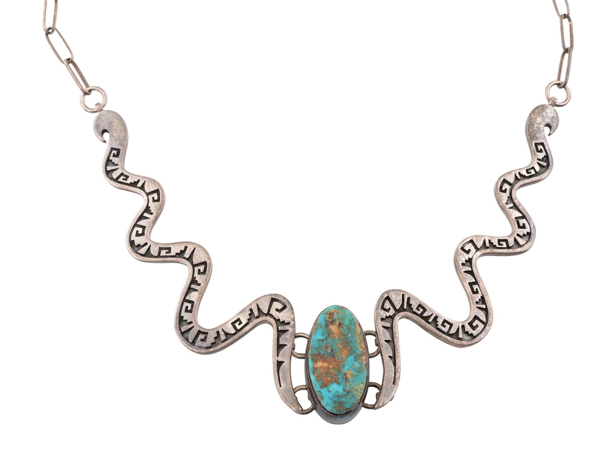 Turquoise and Silver Overlay Snake Necklace