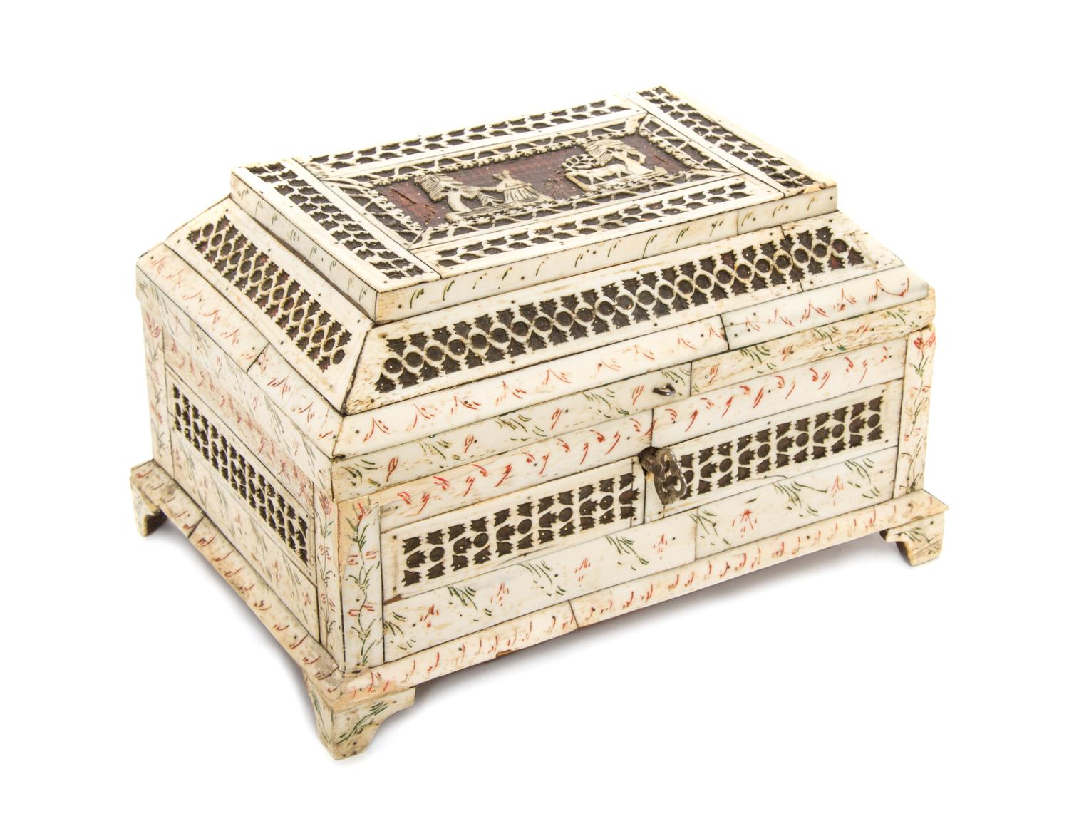 A Russian Bone Veneered Table Casket, Height 5 3/4 x width 9 x depth 6 inches.