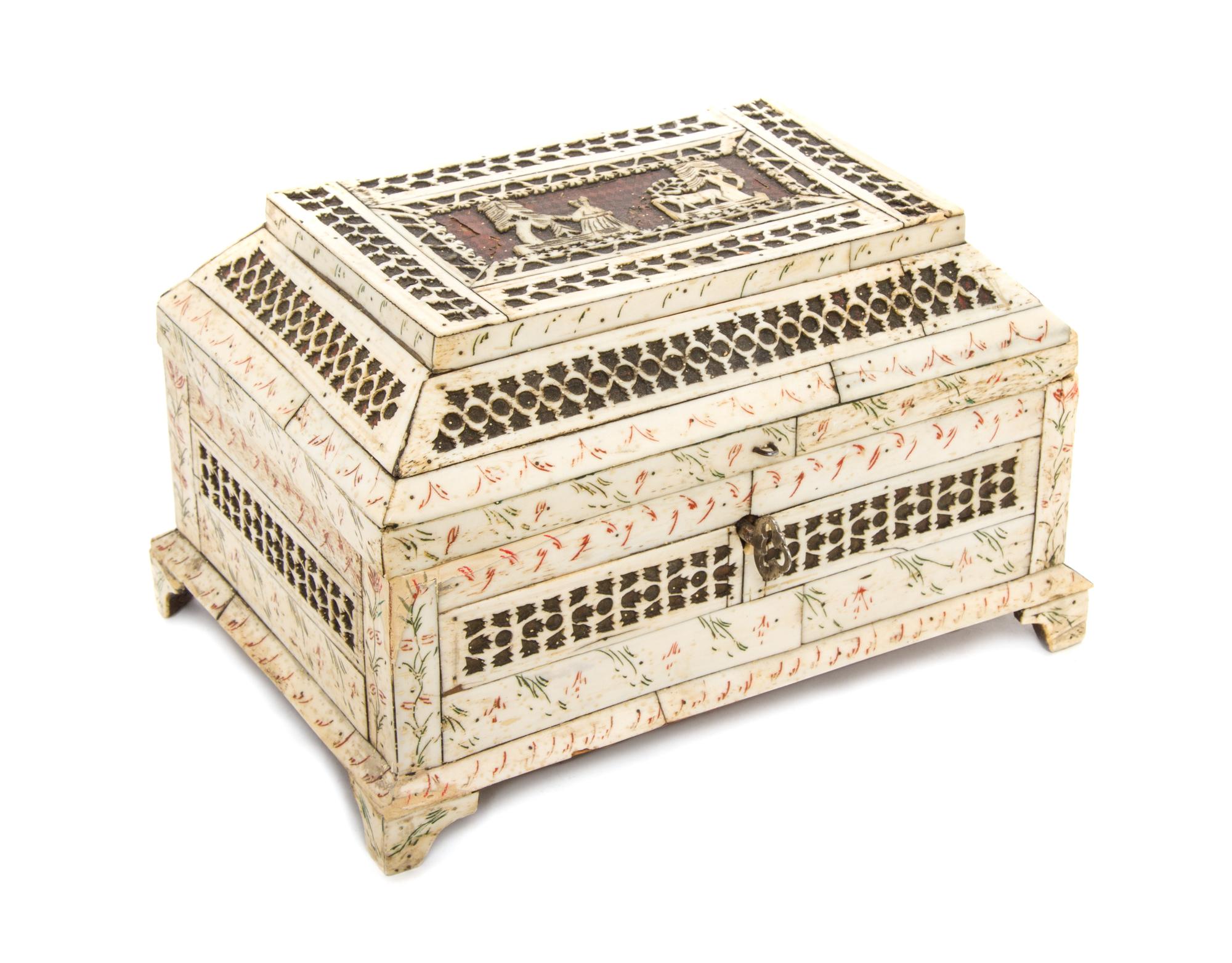 A Russian Bone Veneered Table Casket, Height 5 3/4 x width 9 x depth 6 inches.
