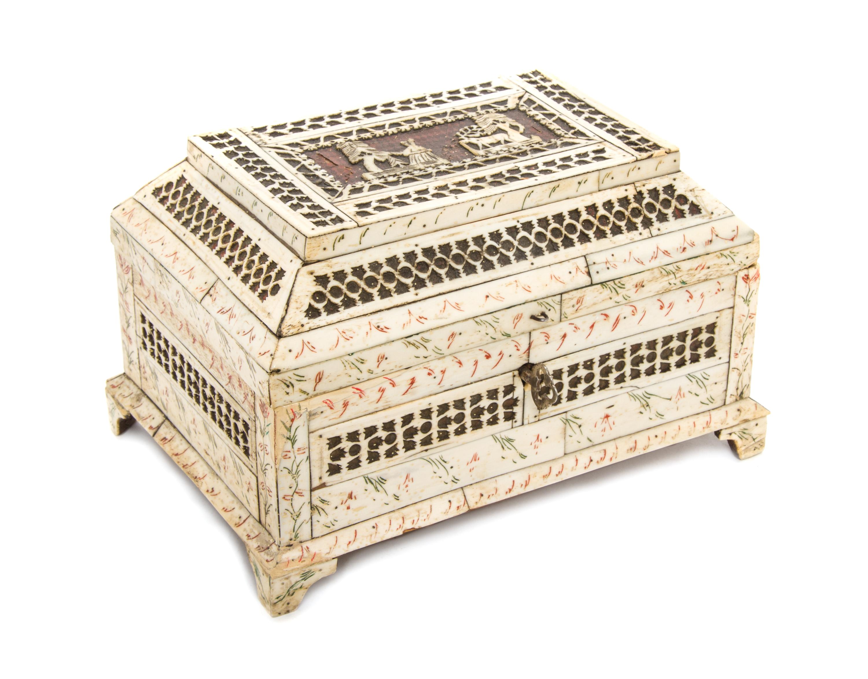 A Russian Bone Veneered Table Casket, Height 5 3/4 x width 9 x depth 6 inches.