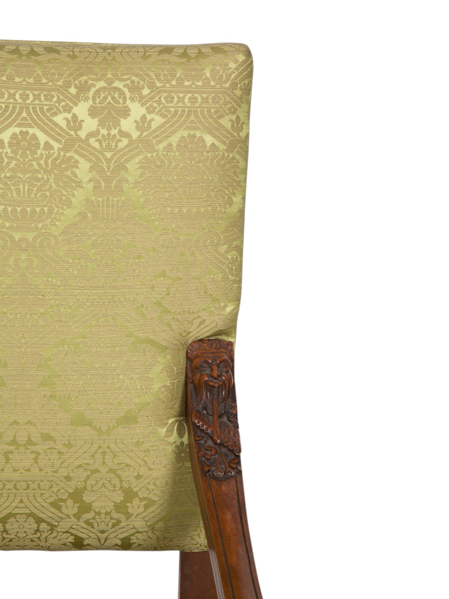 An Italian Carved Walnut Hall Bench with Scalamandré Upholstery