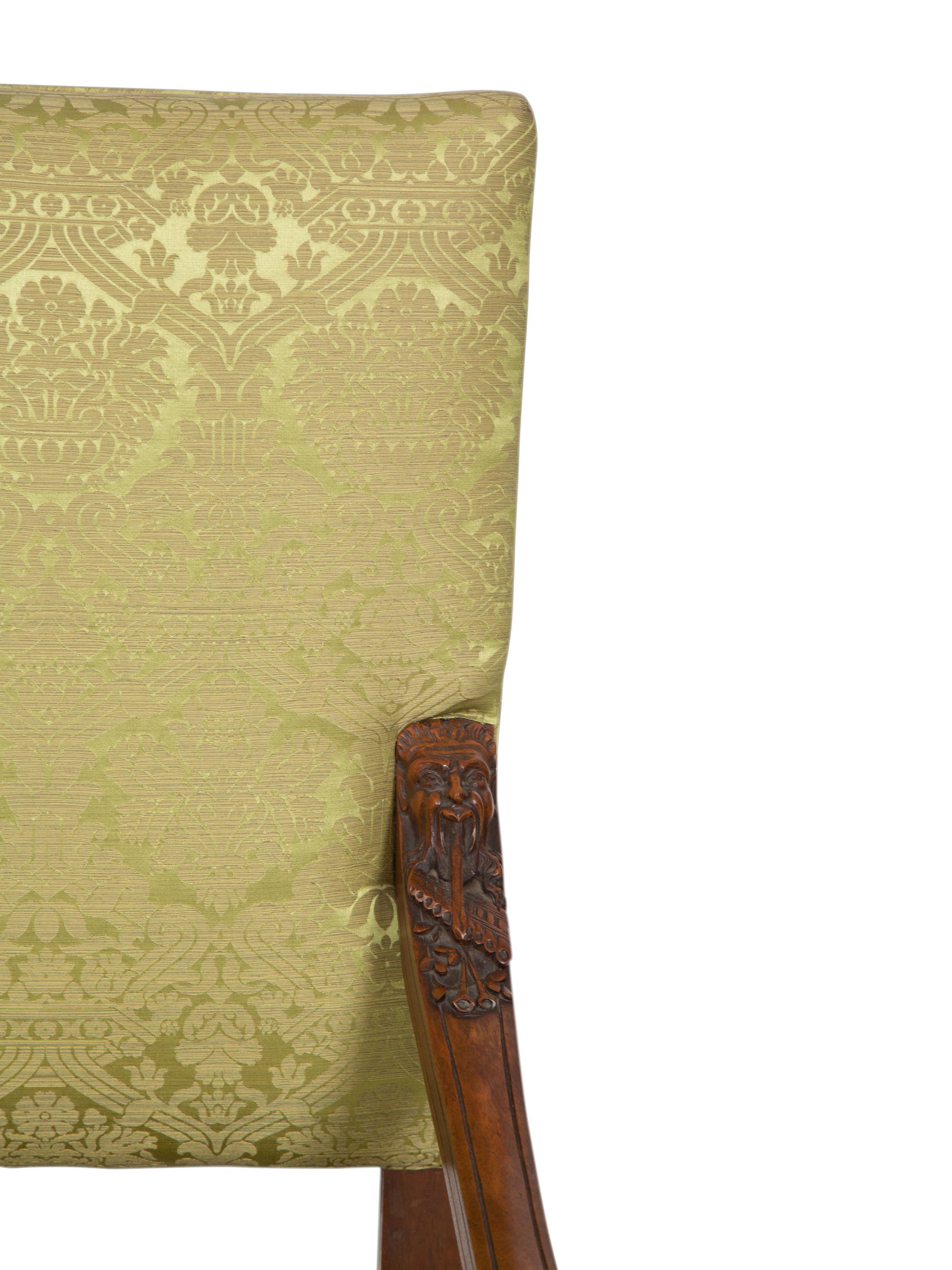 An Italian Carved Walnut Hall Bench with Scalamandré Upholstery