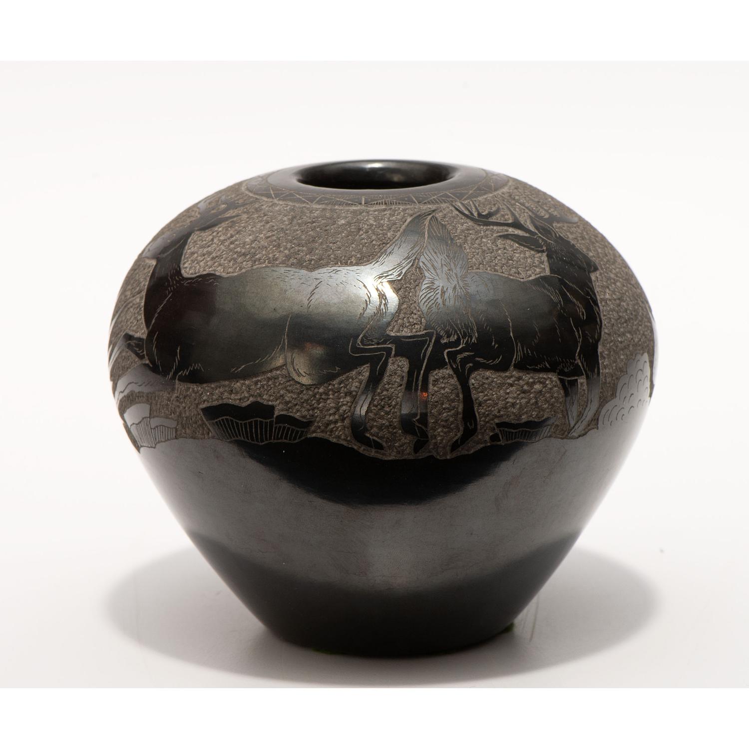 Blackware Sgraffito Pottery Jar, with Deer