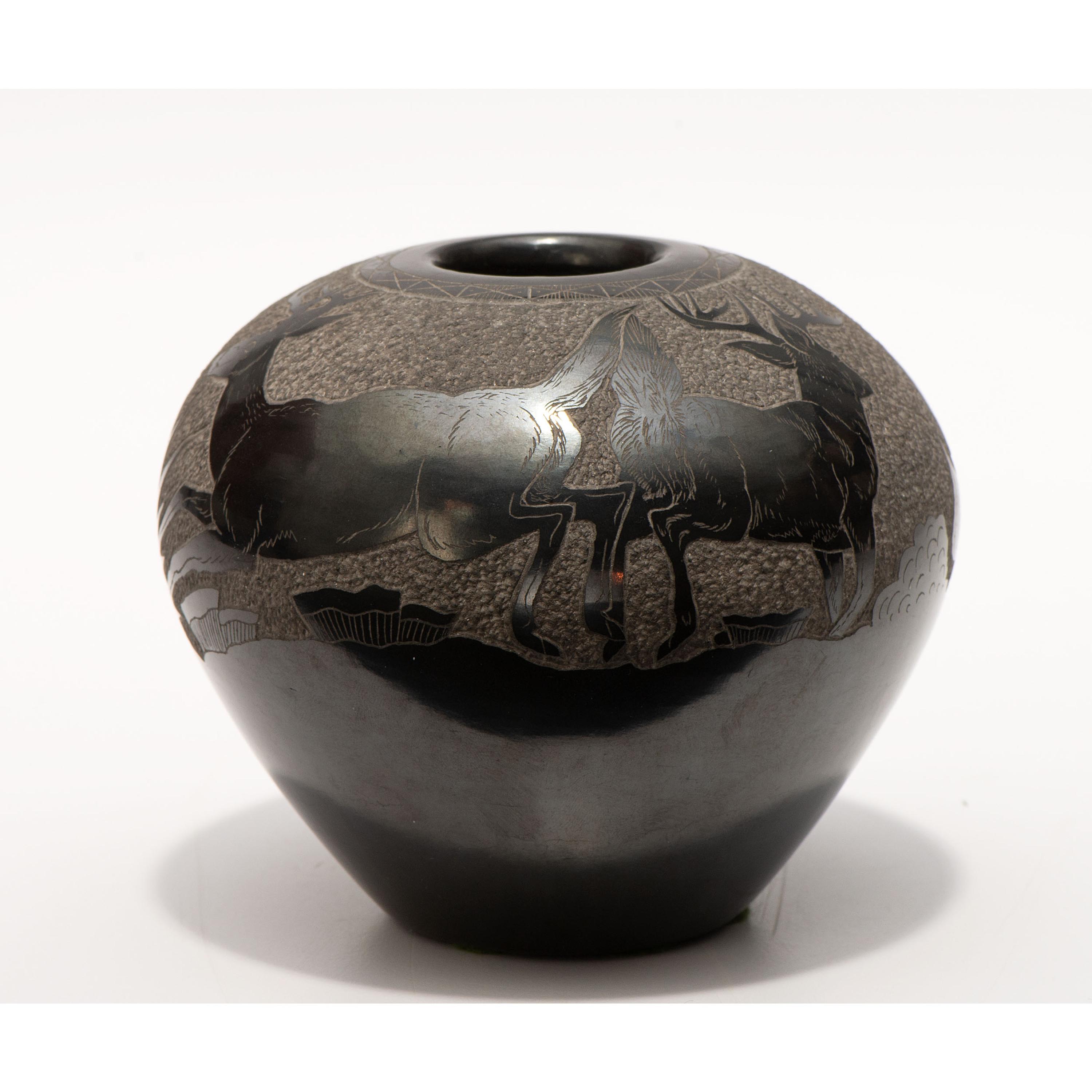Blackware Sgraffito Pottery Jar, with Deer