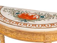 A Pair of George III Giltwood and Polychrome Inlaid Marble-Top Pier Tables