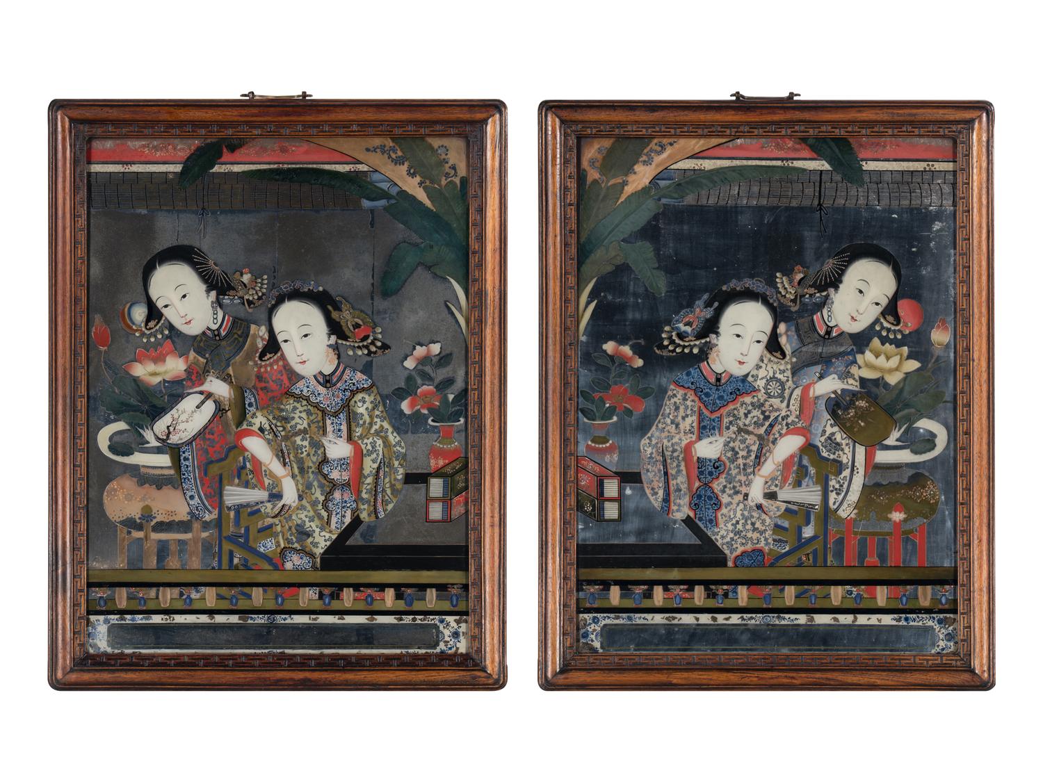 A Pair of Chinese Reverse Painted Mirror Panels