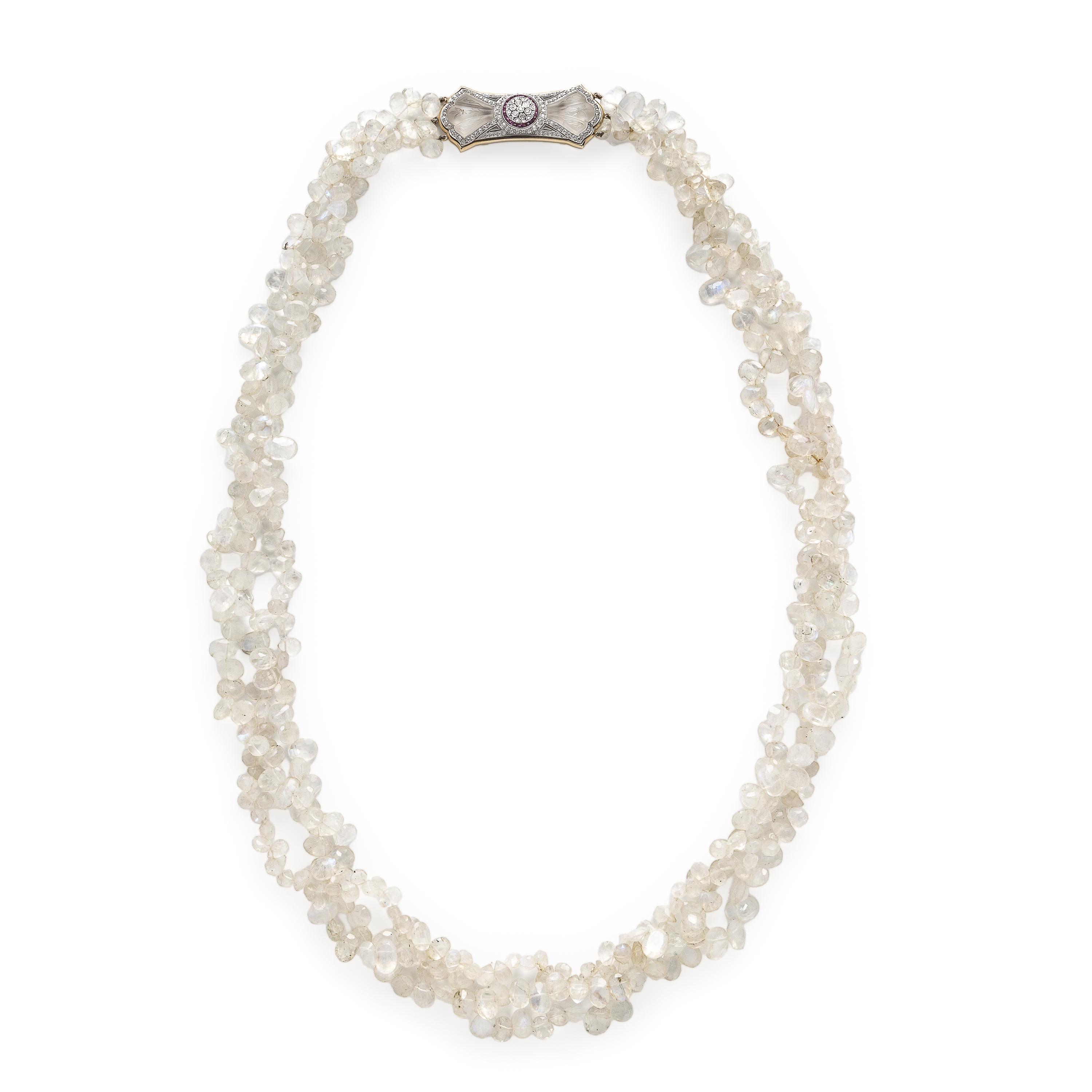 Moonstone, Carved Rock Crystal, Synthetic Ruby, and Diamond Beaded Necklace