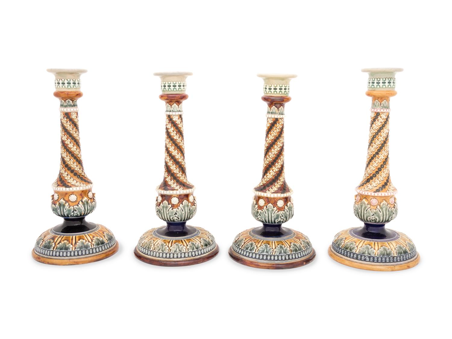 Five Pairs of Doulton Lambeth and Royal Doulton Stoneware Candlesticks