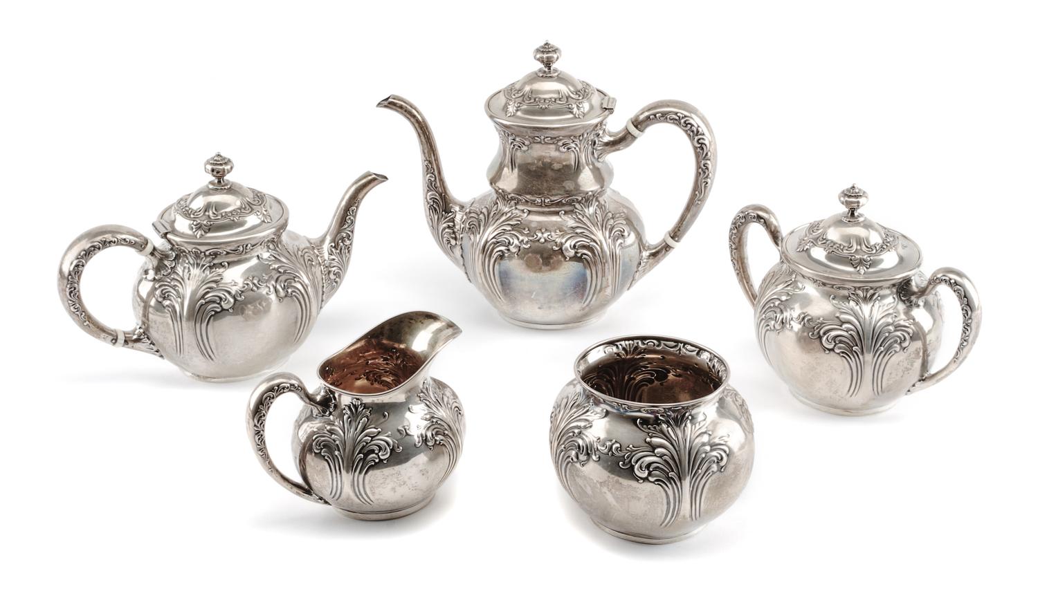 An American Silver Five-Piece Tea and Coffee Service, R. Wallace & Sons Mfg. Co., Wallingford, CT, comprising a teapot, coffee pot, cre