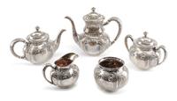 An American Silver Five-Piece Tea and Coffee Service, R. Wallace & Sons Mfg. Co., Wallingford, CT, comprising a teapot, coffee pot, cre