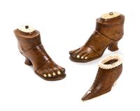 A Pair of Bone Mounted Carved Wood Shoe Form Boxes, Length of first 4 1/2 inches.