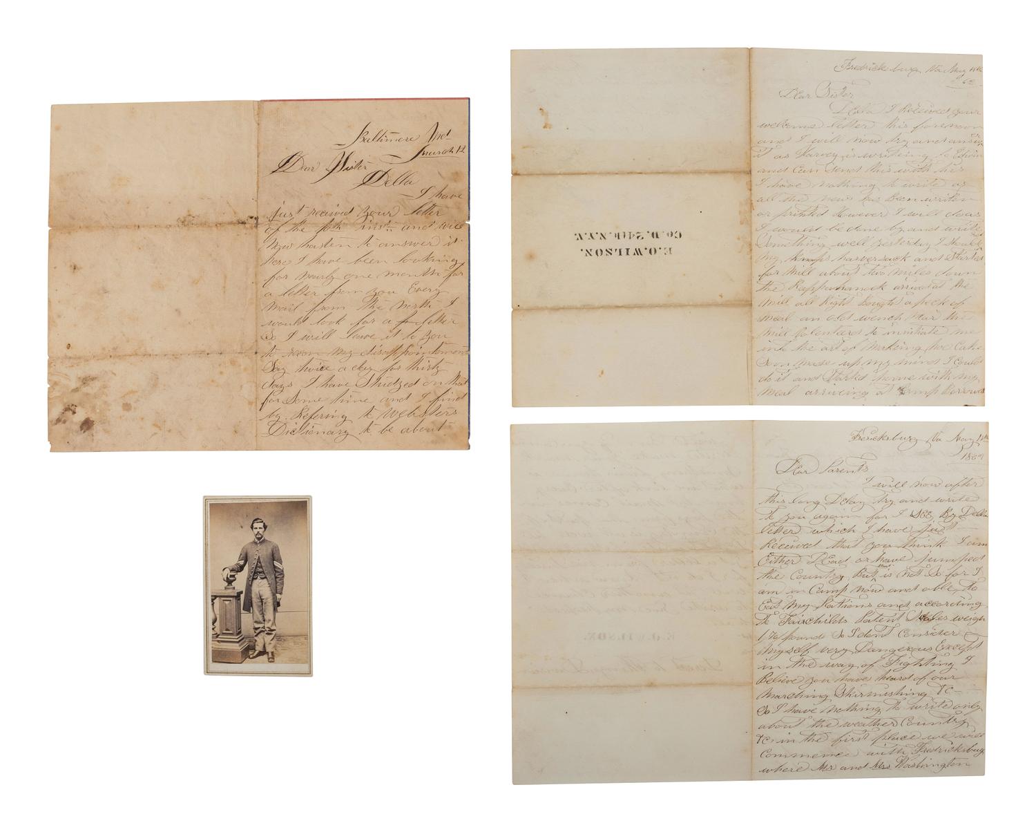 [CIVIL WAR]. Small archive of letters and photographs related to officers Sgt. Harry Graves, POW 2nd Bull Run, and Cpl. Edmund Wilson, WIA Fredericksburg, both of the 24th New York Volunteers.