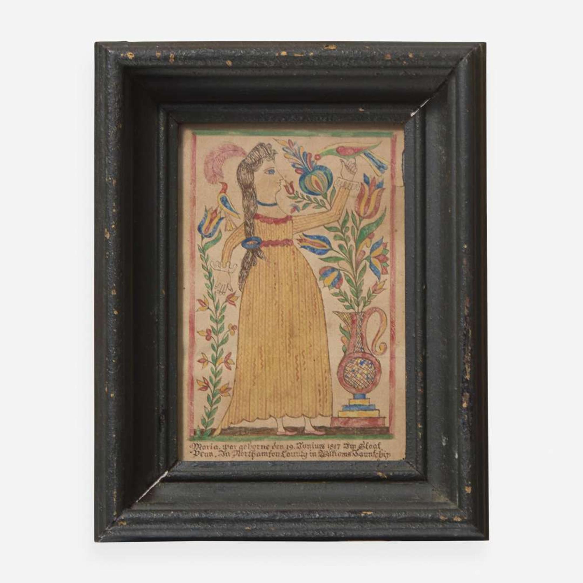 A Fraktur drawing: Girl with a Bird Williams Township, Northampton County, PA, circa 1820