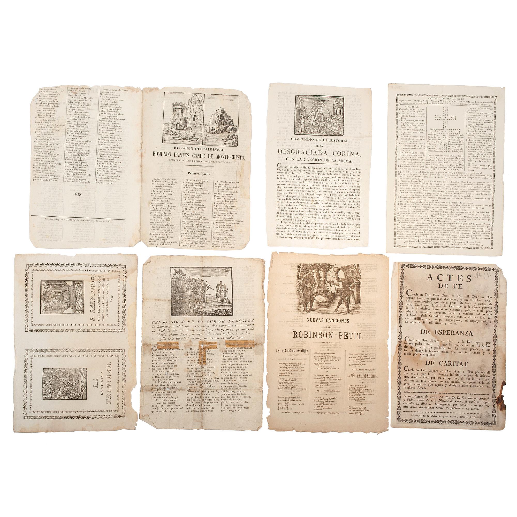 [EUROPE]. 12 Mid-19th Century Spanish broadsheets, many with woodcut illustrations and figures.