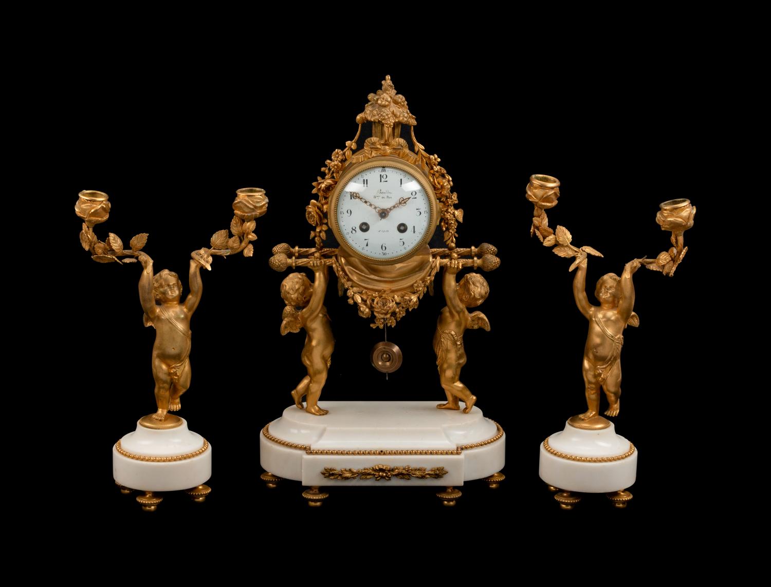 A Louis XVI Style Gilt-Bronze and Marble Three-Piece Clock Garniture — BAILLON, PARIS, LATE 19TH CENTURY