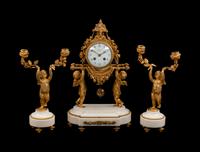 A Louis XVI Style Gilt-Bronze and Marble Three-Piece Clock Garniture — BAILLON, PARIS, LATE 19TH CENTURY