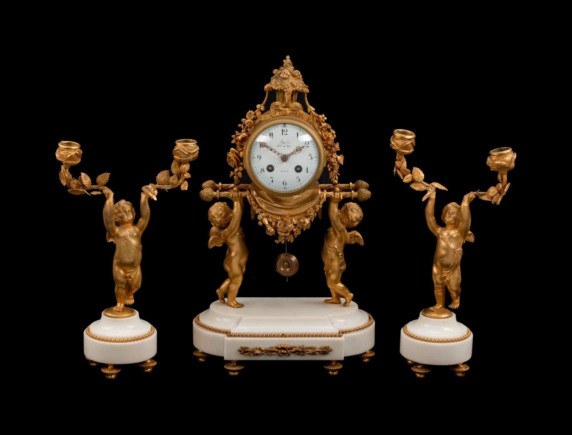 A Louis XVI Style Gilt-Bronze and Marble Three-Piece Clock Garniture — BAILLON, PARIS, LATE 19TH CENTURY