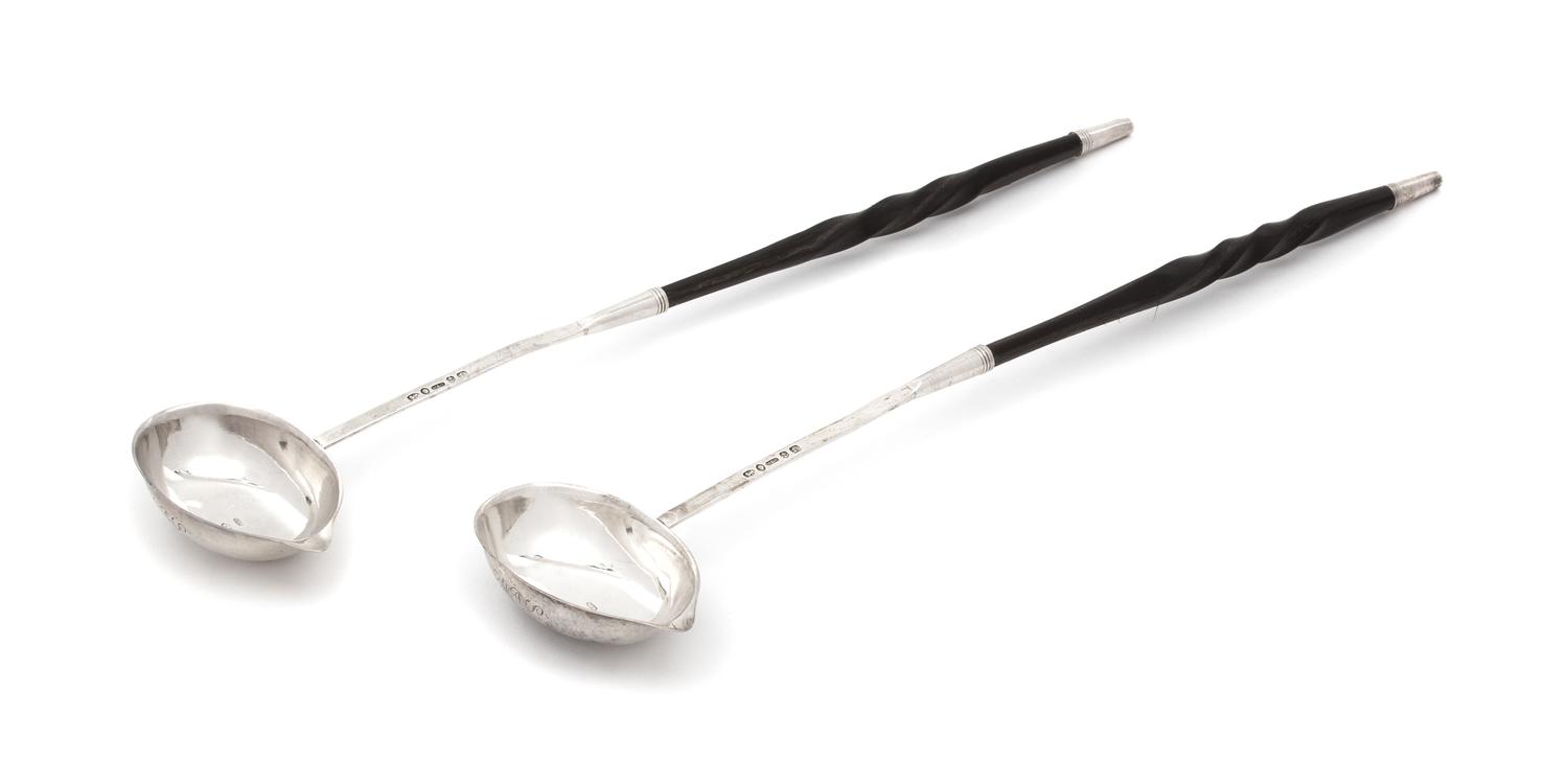 A Pair of English Silver and Treen Handled Ladles, Waterhouse & Son, Birmingham, 1836,