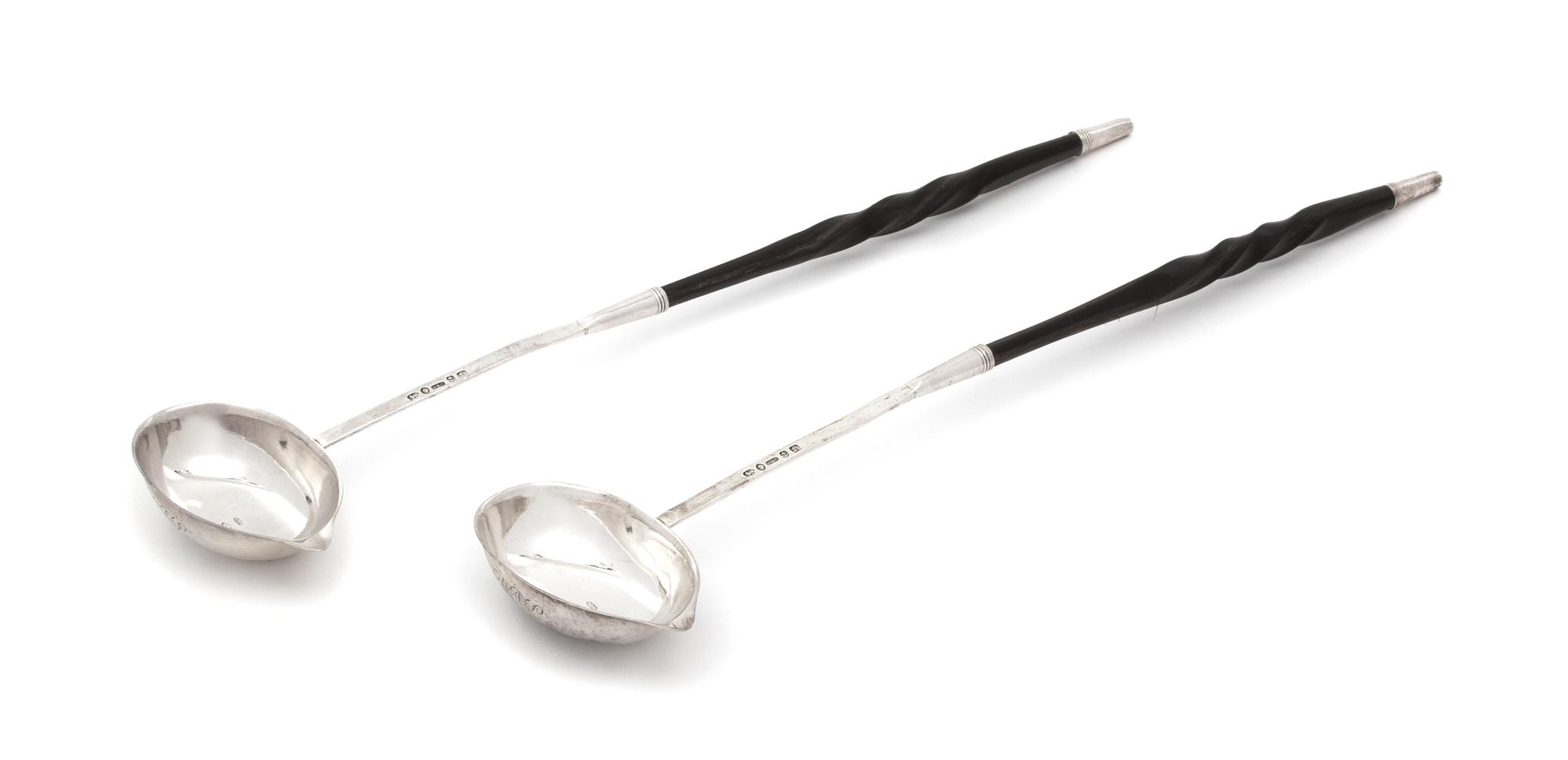 A Pair of English Silver and Treen Handled Ladles, Waterhouse & Son, Birmingham, 1836,