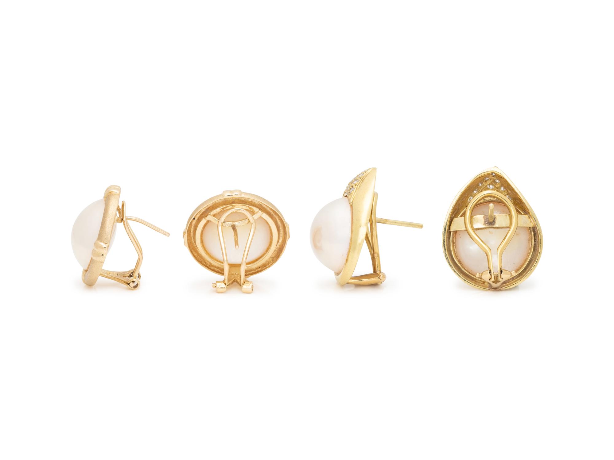 COLLECTION OF YELLOW GOLD AND CULTURED MABE PEARL EARCLIPS