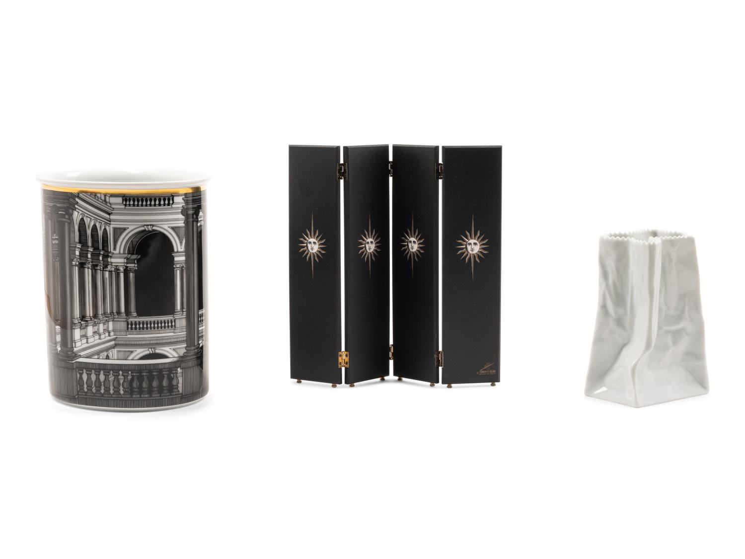 A Miniature 'Acrobats' Screen and Waste Bin, together with a Rosenthal paper bag