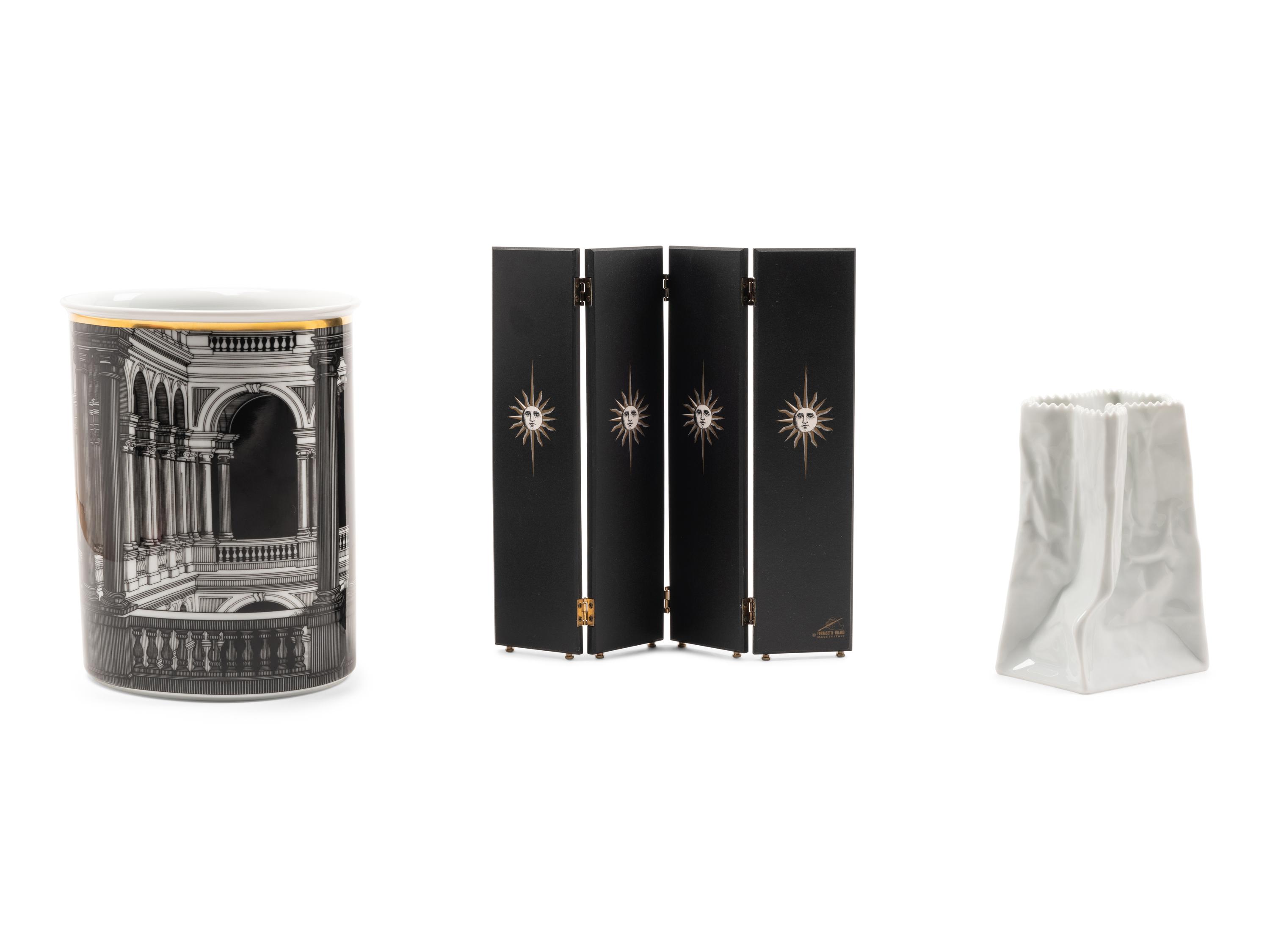 A Miniature 'Acrobats' Screen and Waste Bin, together with a Rosenthal paper bag