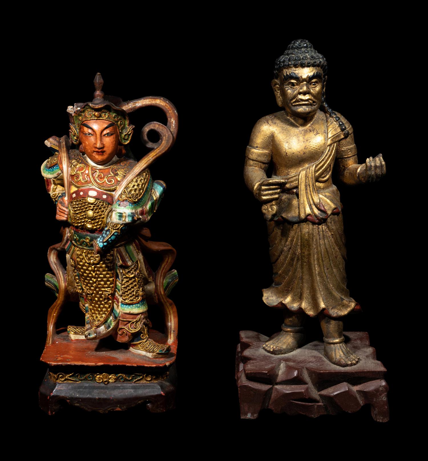 Two Chinese Gilt, Red and Polychrome Painted Wood Figures