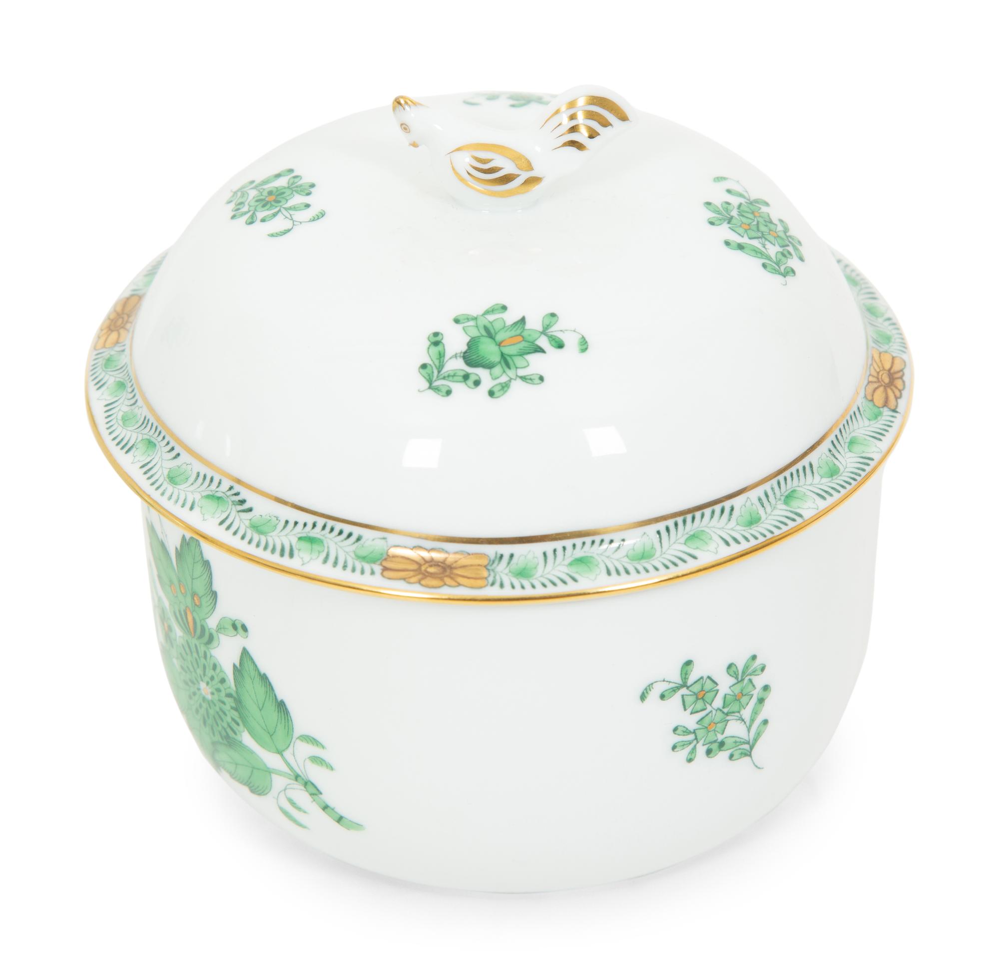 A Group of Three Herend Chinese Bouquet Green Porcelain Articles