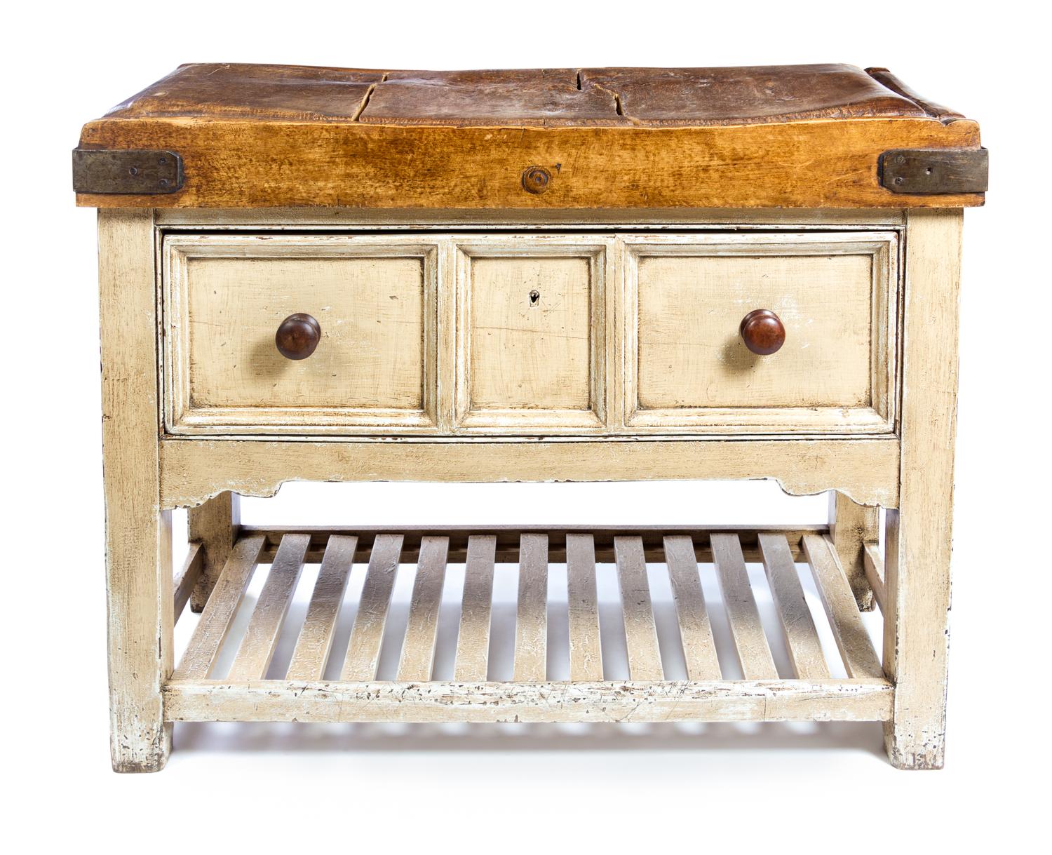 An American Painted Butcher's Block Table Height 37 x width 48 x depth 24 inches. — LATE 19TH/EARLY 20TH CENTURY, THE BASE LATER