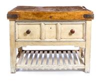 An American Painted Butcher's Block Table Height 37 x width 48 x depth 24 inches. — LATE 19TH/EARLY 20TH CENTURY, THE BASE LATER