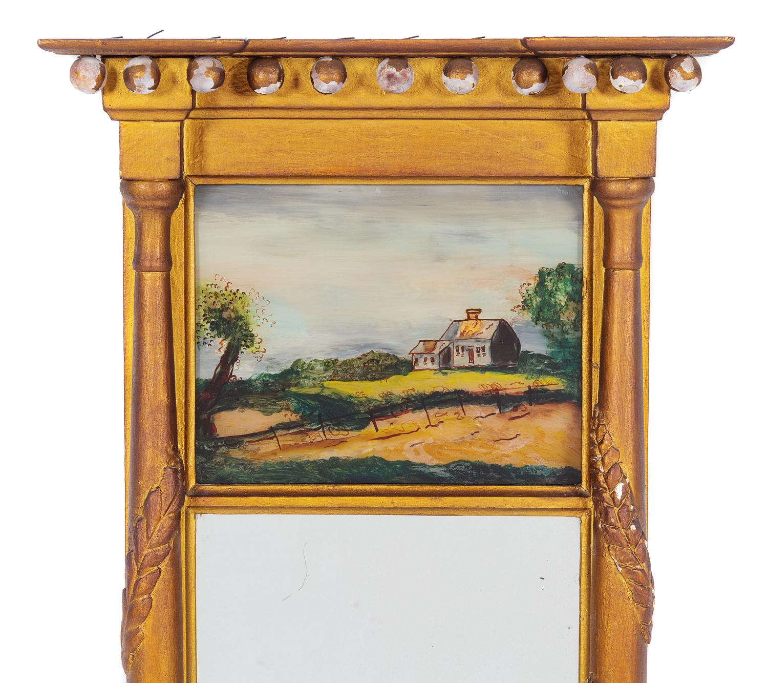 A Federal Style Giltwood Reverse Painted Trumeau Mirror