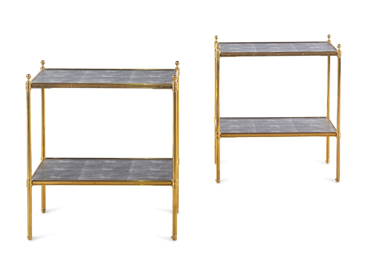 A Pair of Brass and Faux Shagreen Two-Tier Side Tables