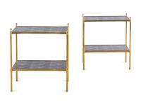 A Pair of Brass and Faux Shagreen Two-Tier Side Tables