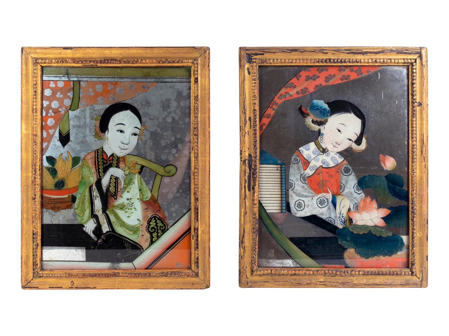 A Pair of Chinese Eglomise Panels Depicting Maidens — 19TH CENTURY