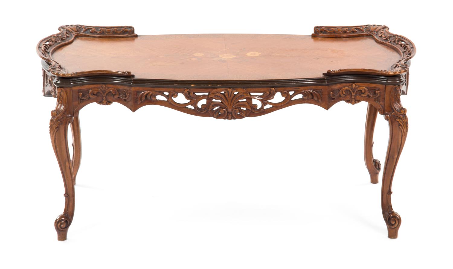 A Louis XV Style Walnut and Marquetry Tea Table, 20TH CENTURY, Height 18 1/2 x width 39 1/2 x depth 19 3/4 inches. — 20TH CENTURY,