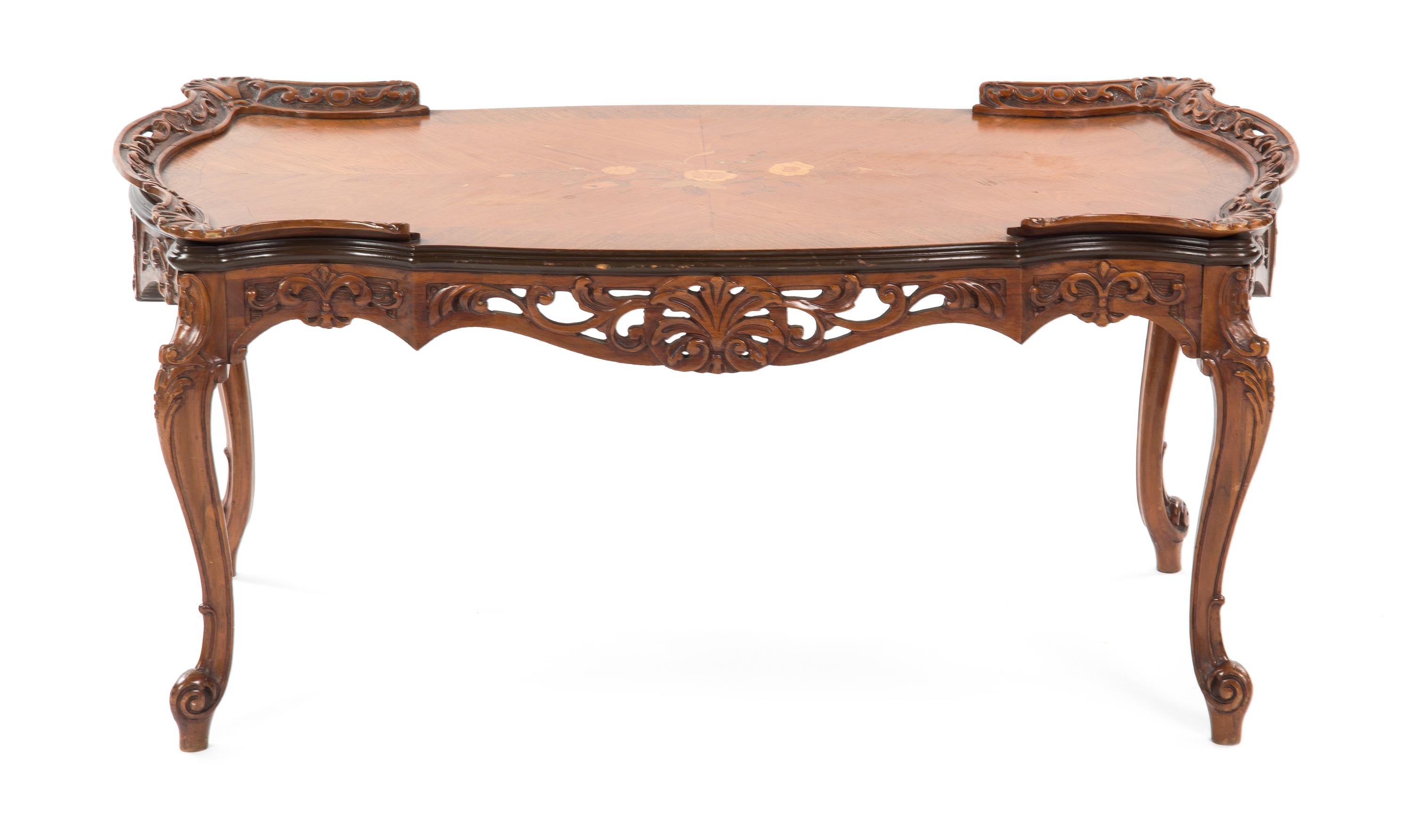 A Louis XV Style Walnut and Marquetry Tea Table, 20TH CENTURY, Height 18 1/2 x width 39 1/2 x depth 19 3/4 inches. — 20TH CENTURY,