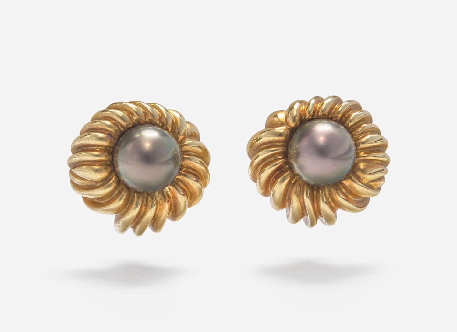 A Pair of 18K Yellow Gold and Tahitian Pearl Ear Clips