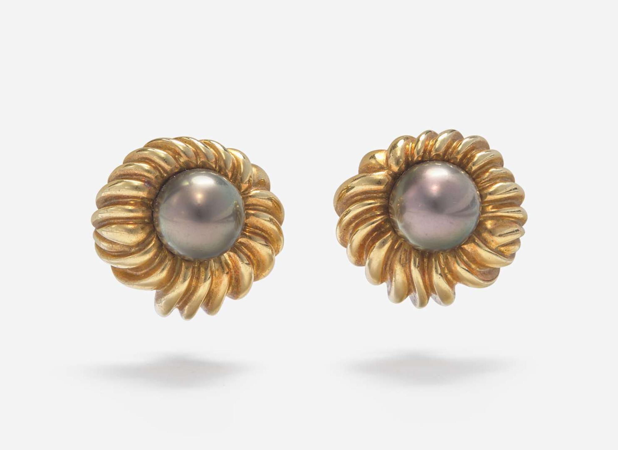 A Pair of 18K Yellow Gold and Tahitian Pearl Ear Clips