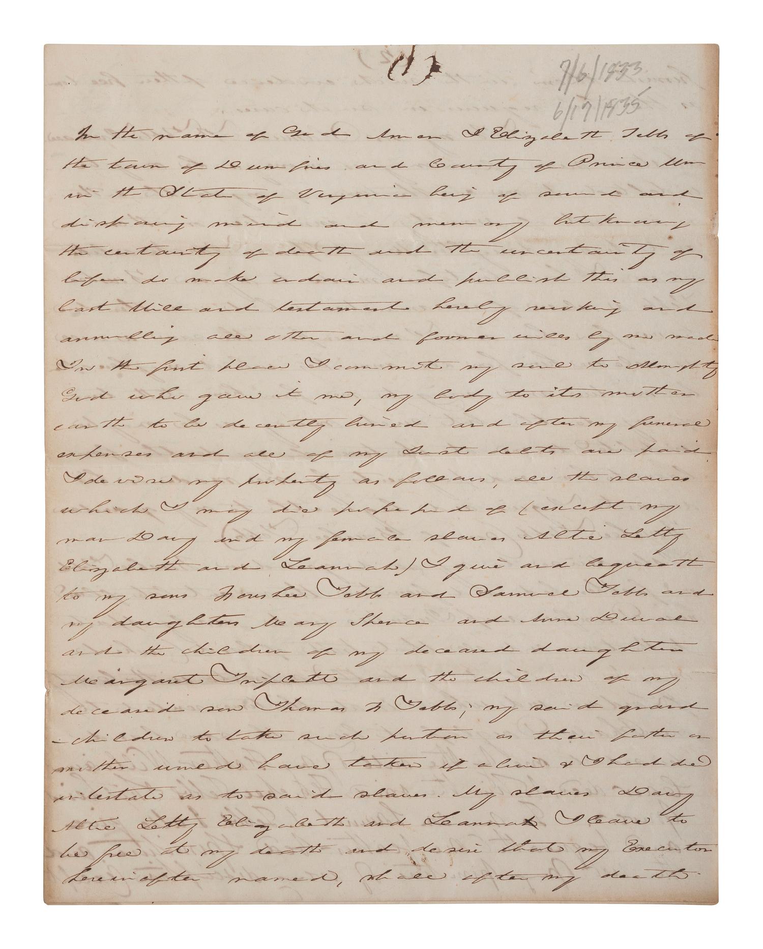 [ENSLAVEMENT & ABOLITION]. A group of 4 documents identified to the Carr and Tebbs families of Virginia, incl. references to the manumission and sale of enslaved persons.