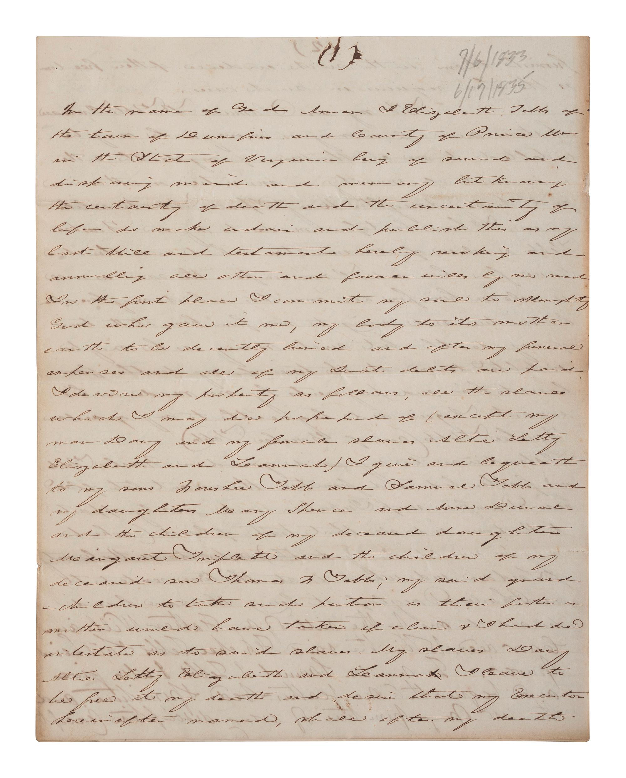 [ENSLAVEMENT & ABOLITION]. A group of 4 documents identified to the Carr and Tebbs families of Virginia, incl. references to the manumission and sale of enslaved persons.