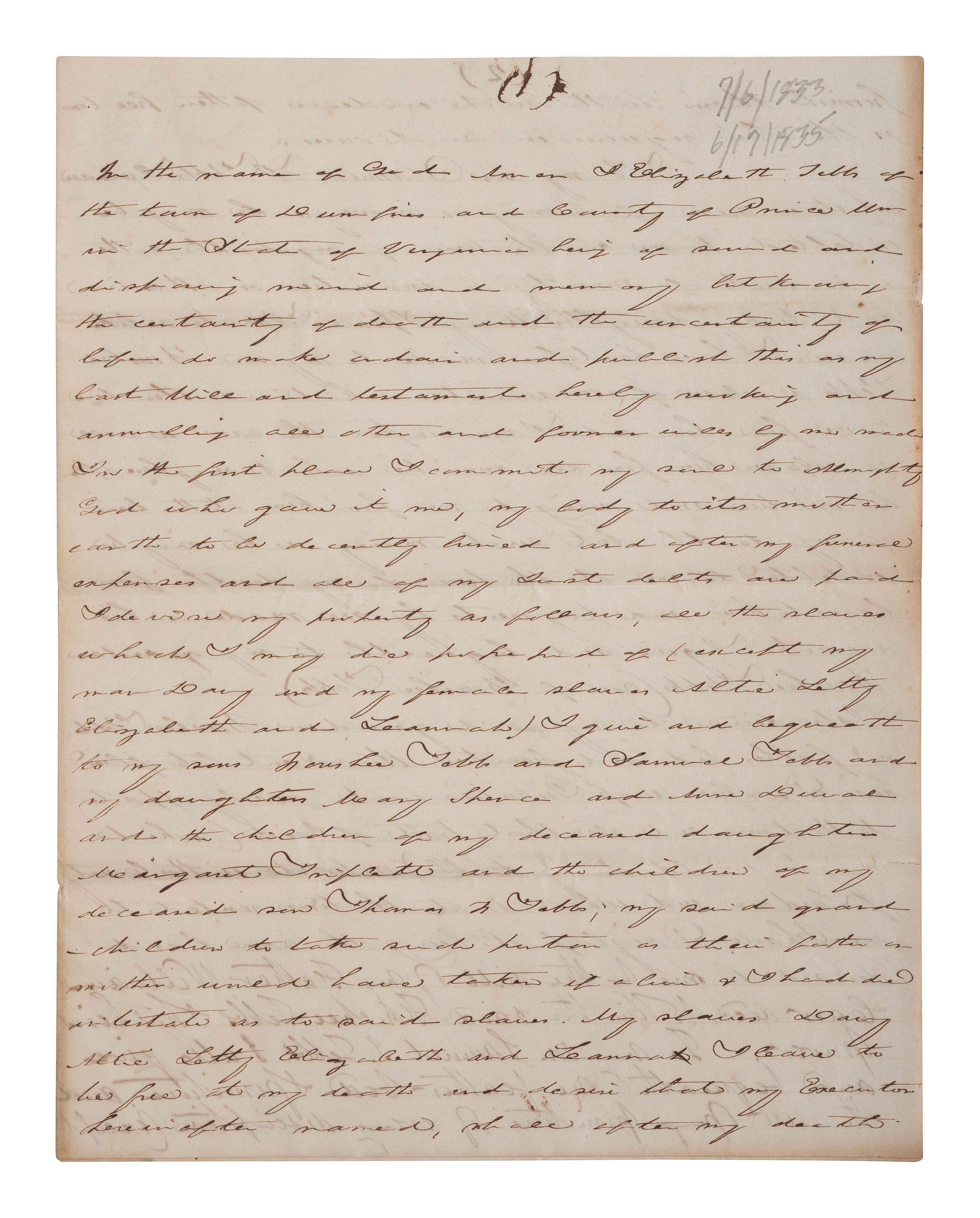 [ENSLAVEMENT & ABOLITION]. A group of 4 documents identified to the Carr and Tebbs families of Virginia, incl. references to the manumission and sale of enslaved persons.