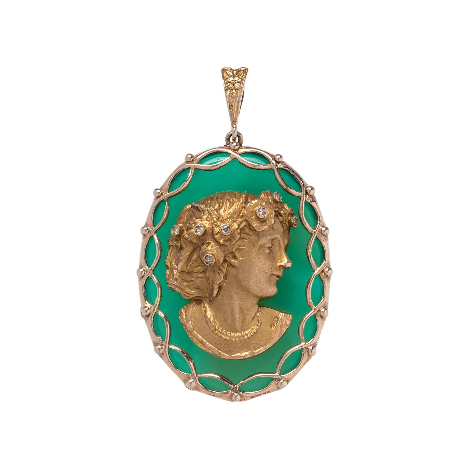 GREEN CHALCEDONY AND DIAMOND PENDANT