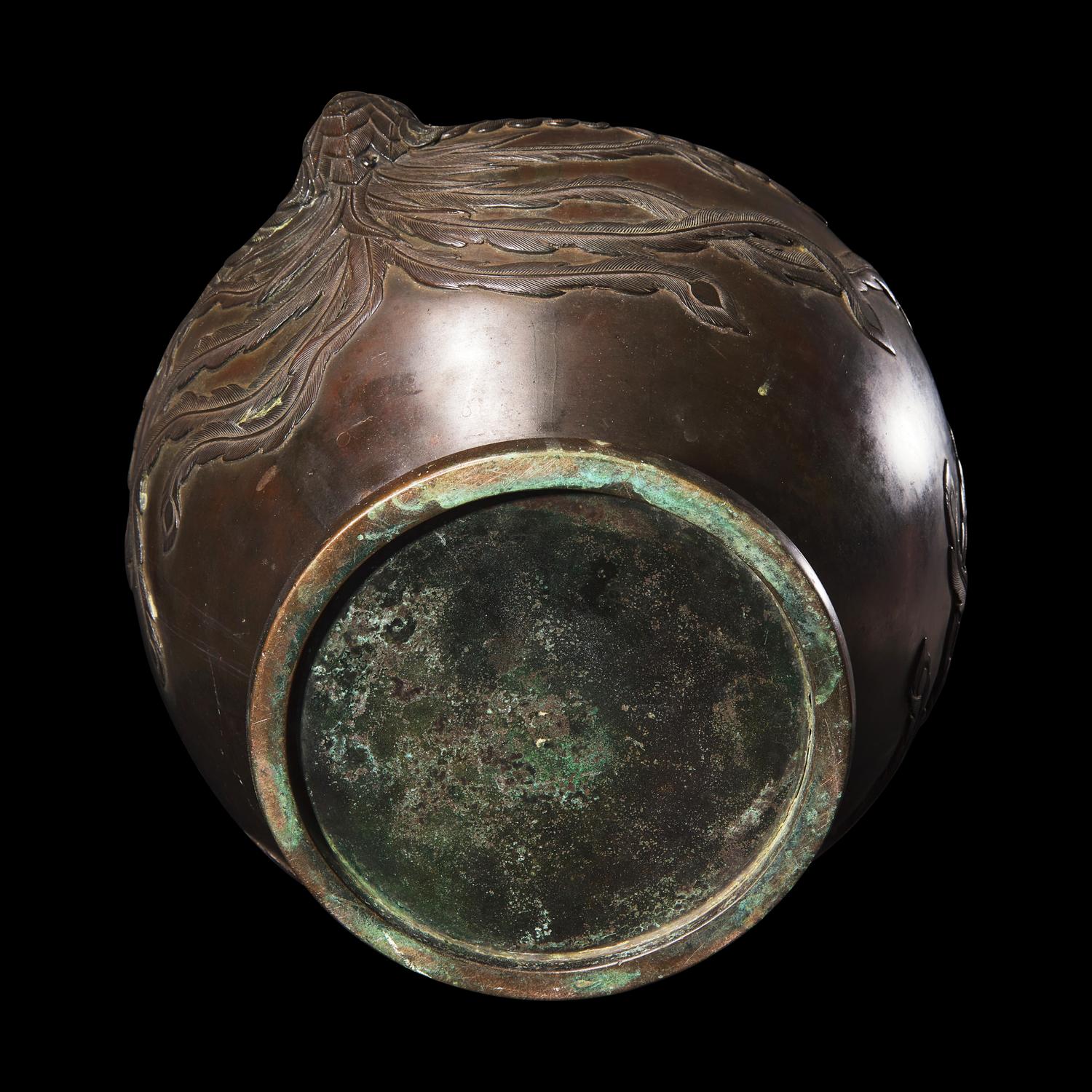 A Large Japanese Patinated Bronze 'Phoenix' Vase, Meiji/ Taisho Period 日本明治/大正 古銅雙鳳尊