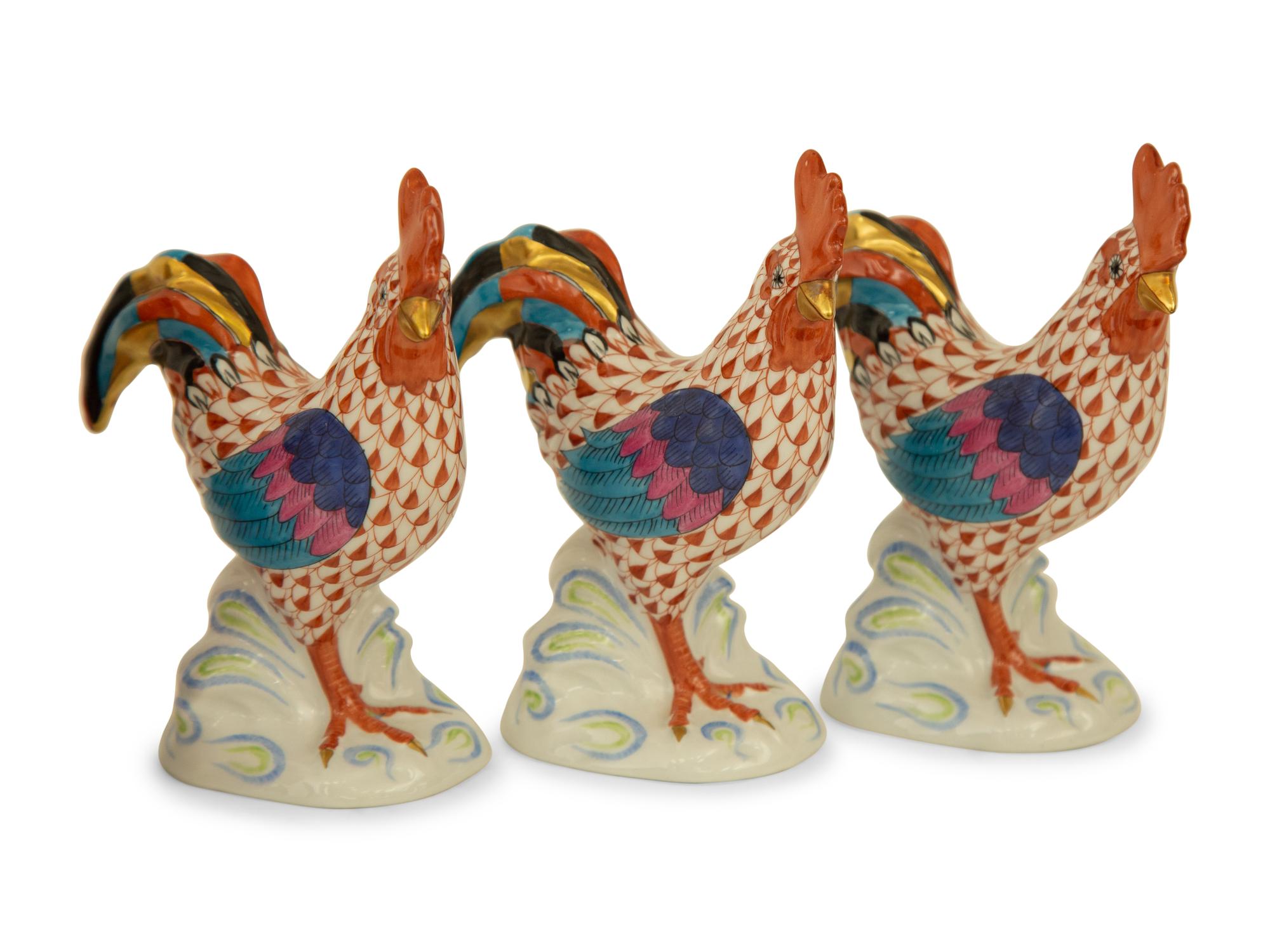 Six Herend Porcelain Rooster Figurines